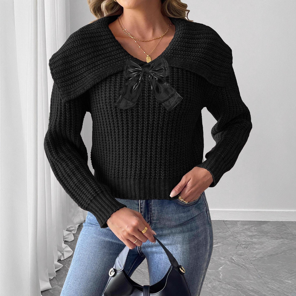 Women's Large Lapel Bow Splicing Pullover Sweater
