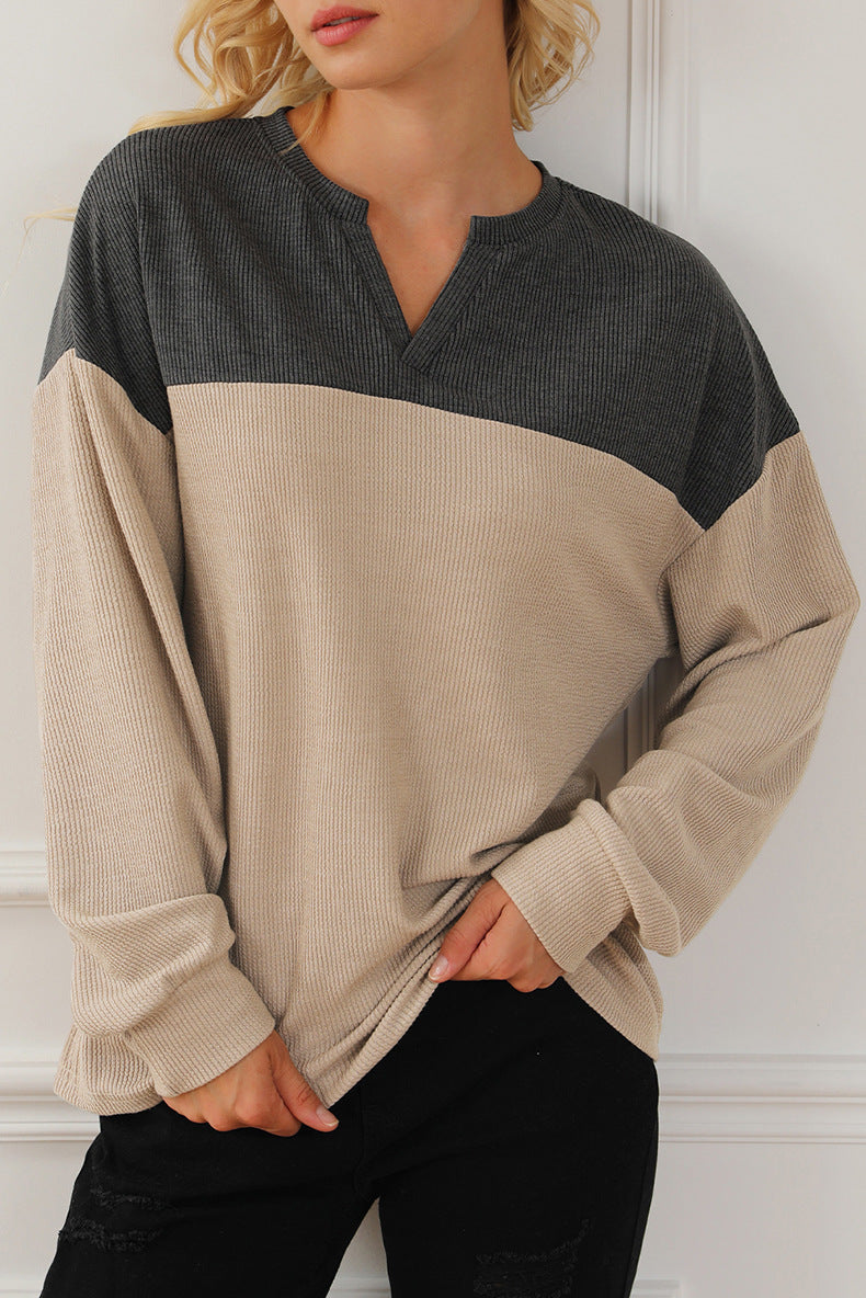 Chic Colorblock V-Neck Long Sleeve Pullover Sweater