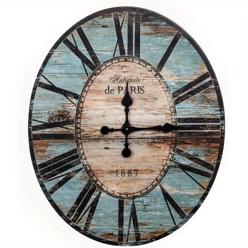 Vintage Paris 1887 Oval Turquoise Wood Wall Clock - Rustic Distressed Design with Roman Numerals, Battery-Free Home Decor for Living Room, Bedroom, Office, Clock for Living Room, Bedroom Timepiece, Classic Elegance, Durable Construction