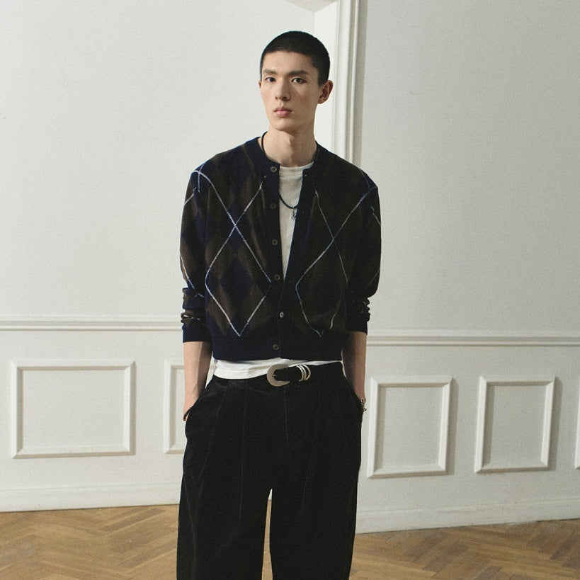 Wool Vintage Diamond-pattern Crew-neck Single-breasted Knit Cardigan
