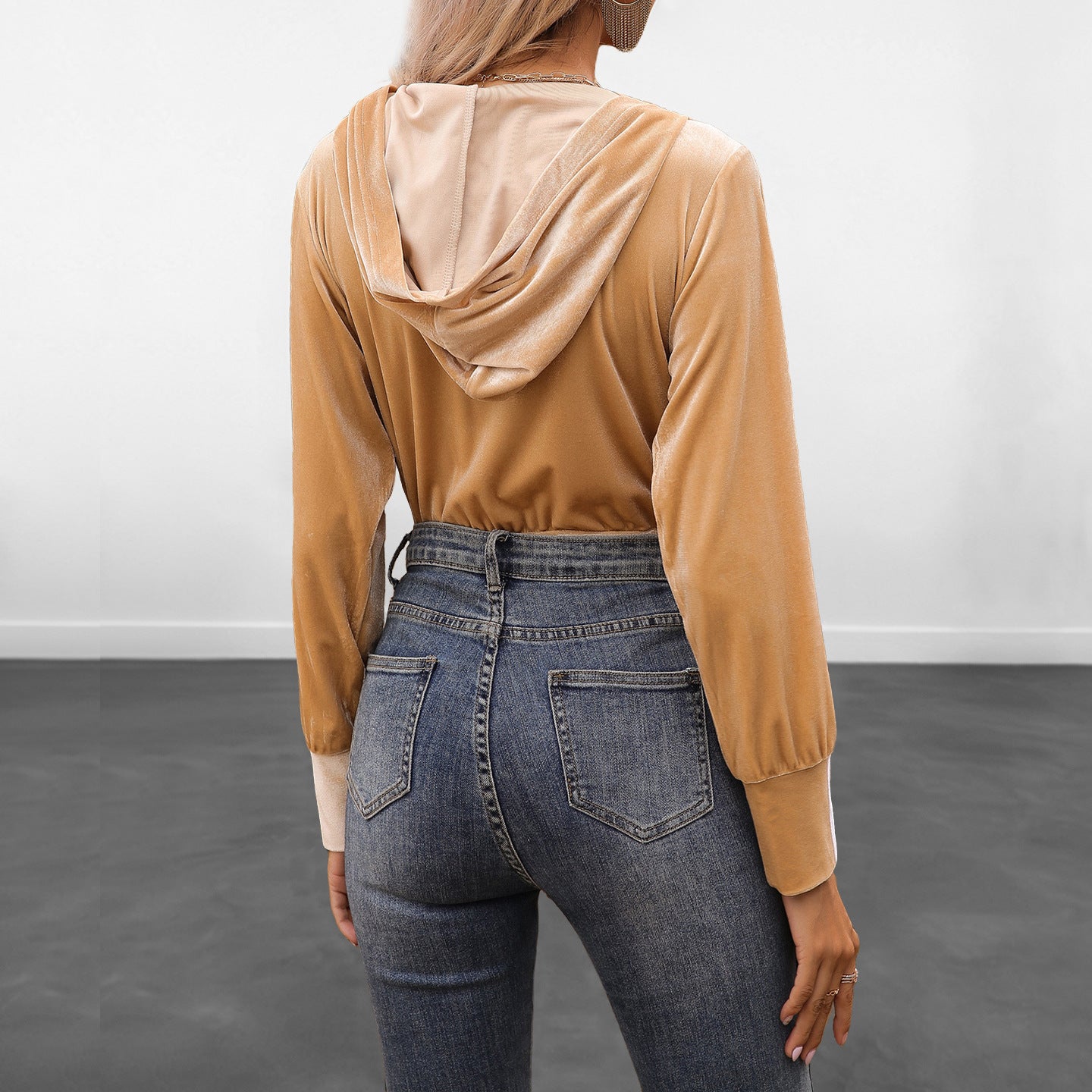 Womens High-Waist Long-Sleeve Solid-Color Hooded Jumpsuit