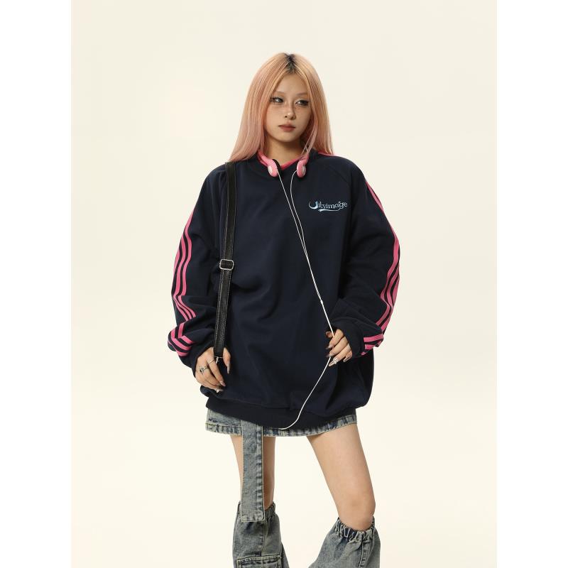 Retro Contrast Color Loose Crew Neck Women's Sweater
