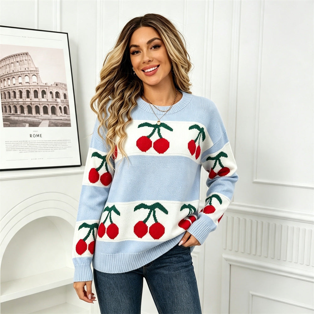 Cherry Jacquard Pullover Knit Top