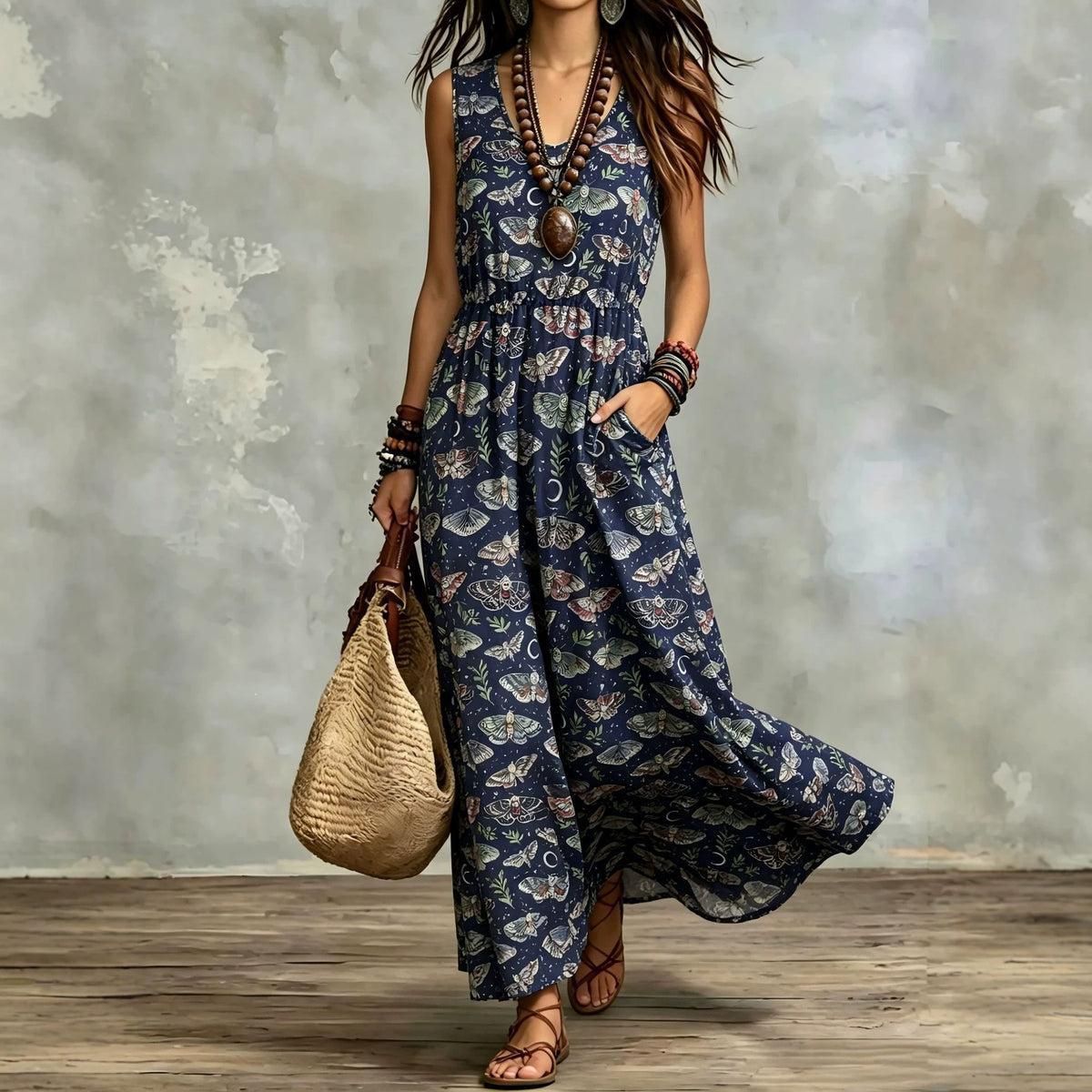 Elegant Sleeveless Printed Long Dress with Pockets