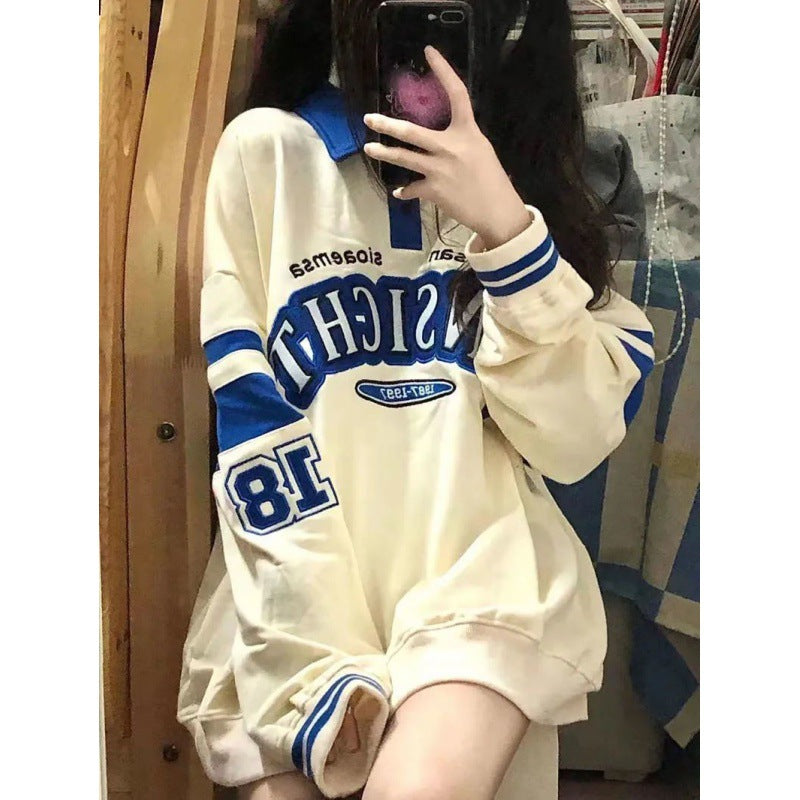 Retro Japanese Color-Block Loose Long Sleeve Pullover Sweatshirt