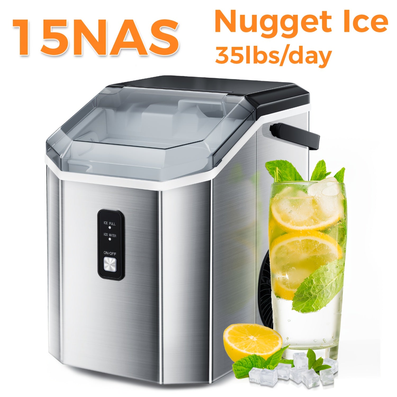 Nugget Countertop Ice Maker With Soft Chewable Ice, 35 Lbs/24 H, 26 Lbs/24 H, Pebble Portable Ice Machine, Stainless Steel Silver