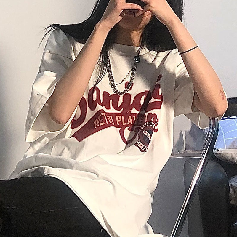 Chic White Letter Print Half Sleeve Top