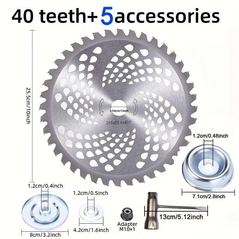 10-Inch 40-Tooth Hardened Circular Saw Blade for Grass Trimmer - Includes 5 Accessories