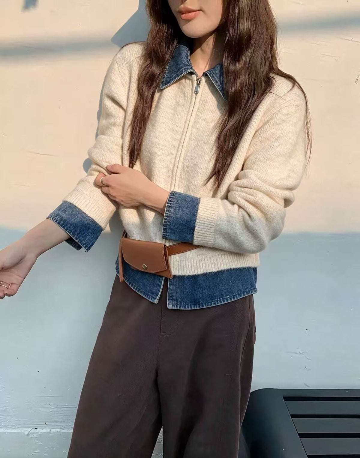 Notch-collar Denim Patchwork Womens Loose Casual Long-sleeve Sweater Coat