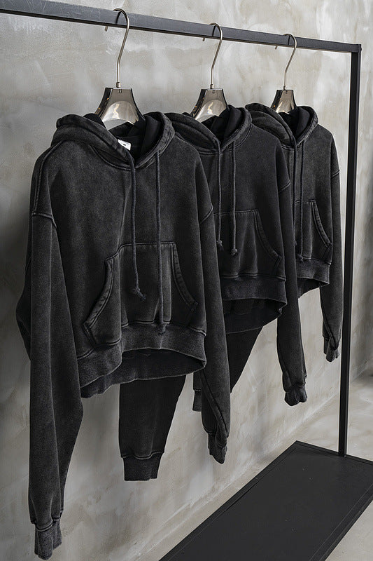 Vintage Washed Plush Shorts Hooded Women's Sweater