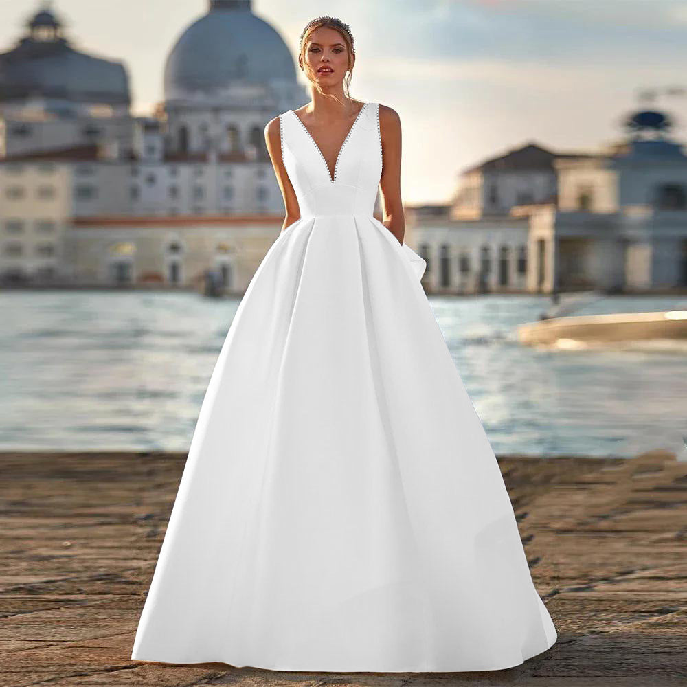 Satin Deep V-Neck Sleeveless Wedding Dress