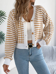 Women Color Block Stripe Lantern Sleeve Short Cardigan Sweater