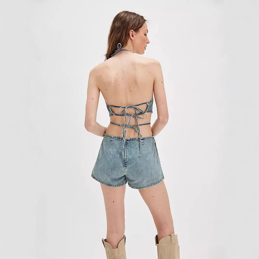 European And American Sexy Slim Fit Suspenders Cowboy Siamese Shorts