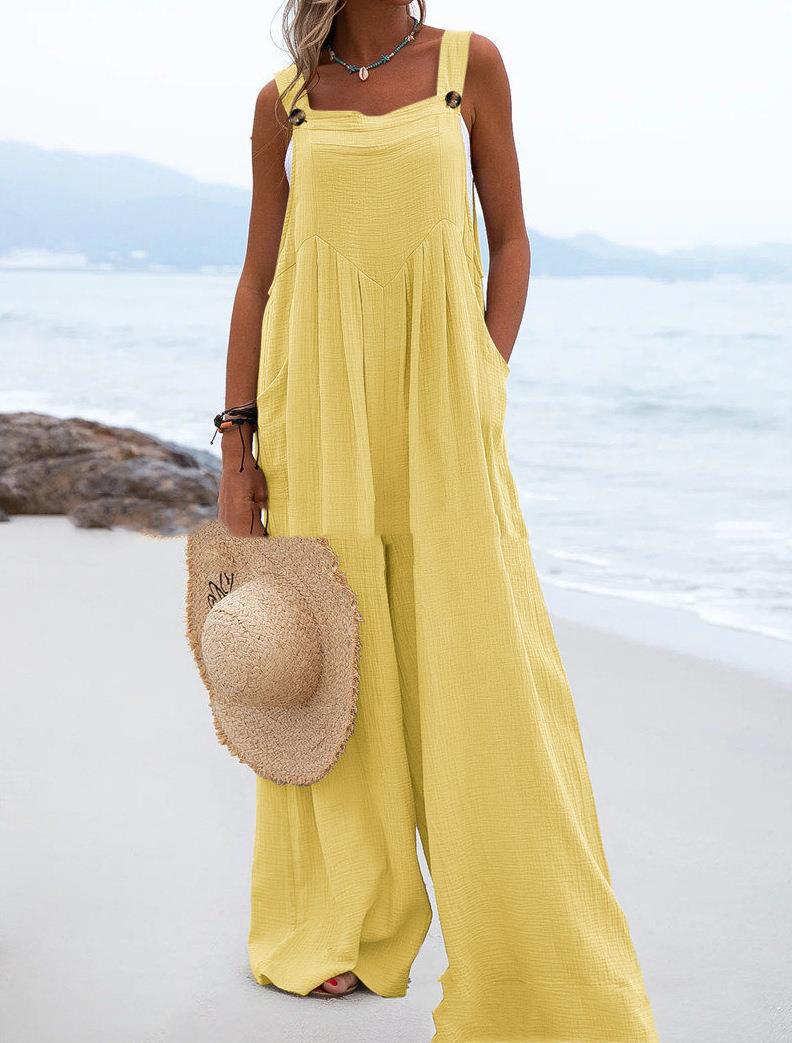 Sleeveless Wide-leg Buttoned Ethnic-style Jumpsuit