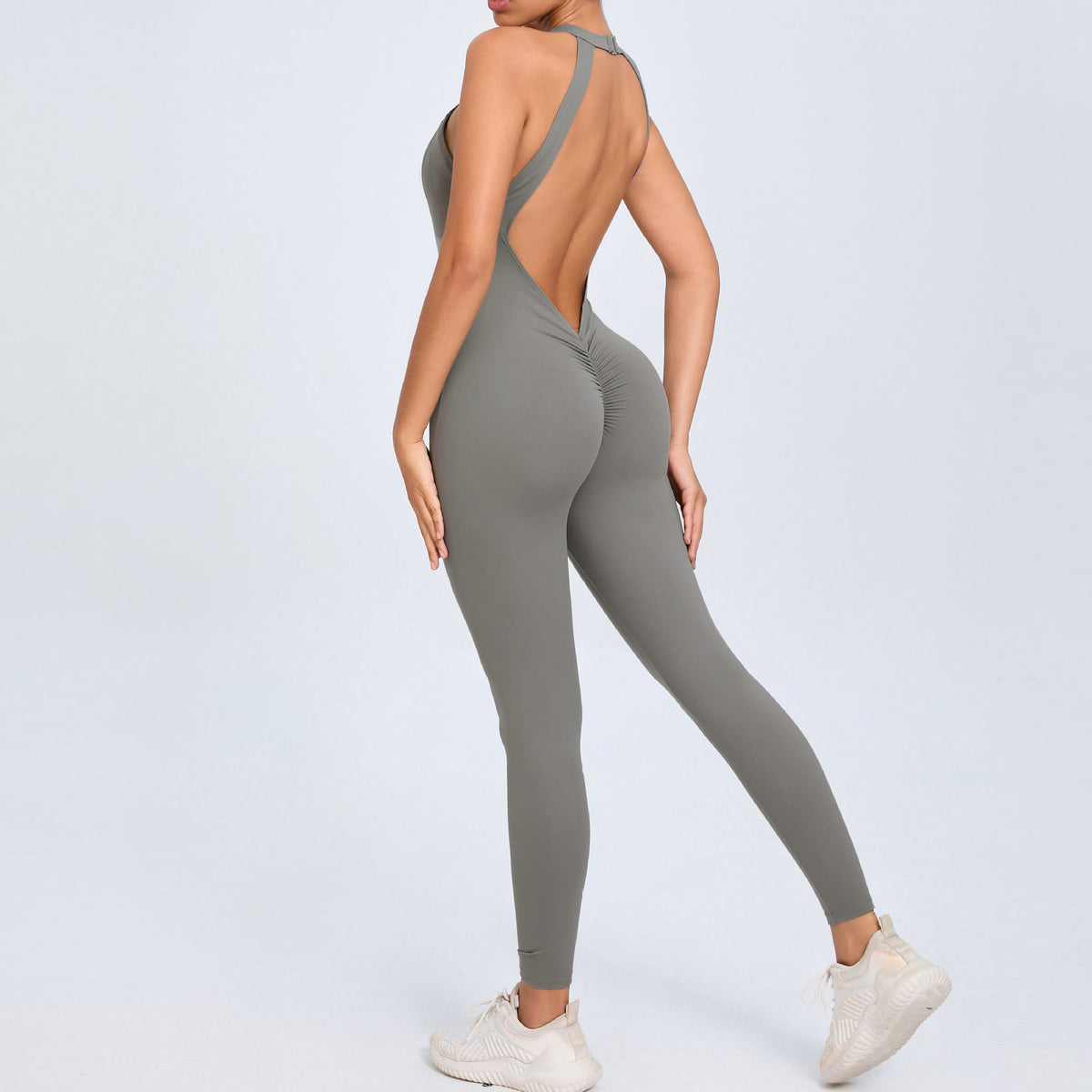 Womens Back-Clasp Yoga Bodysuit With Peach-Hip Design And Open Back