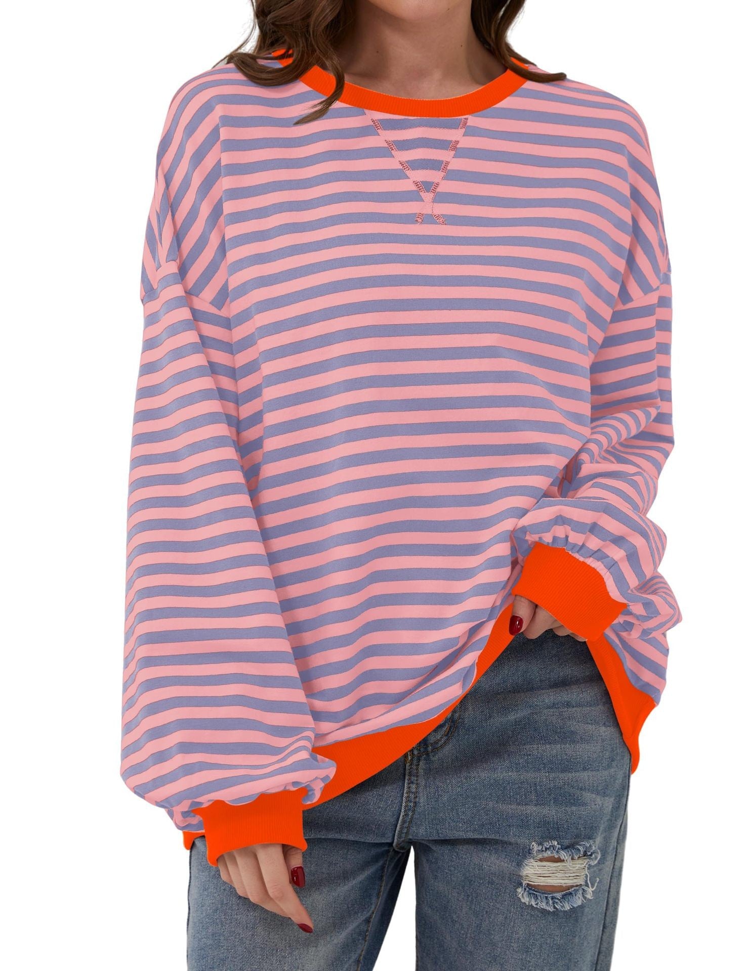 Casual Striped Round Neck Long Sleeve Slim Pullover Top