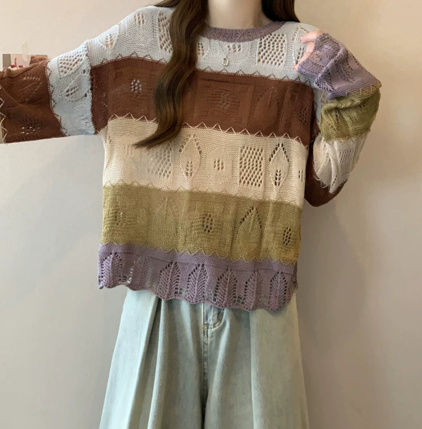 Womens Long-sleeve Knit Sweater with Colorful Stripes, Early Spring New Arrival