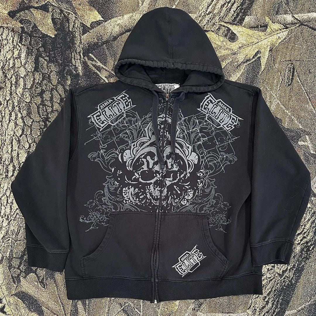 Punk Skull Print Loose Zip Hoodie Gothic Streetwear Sweatshirt