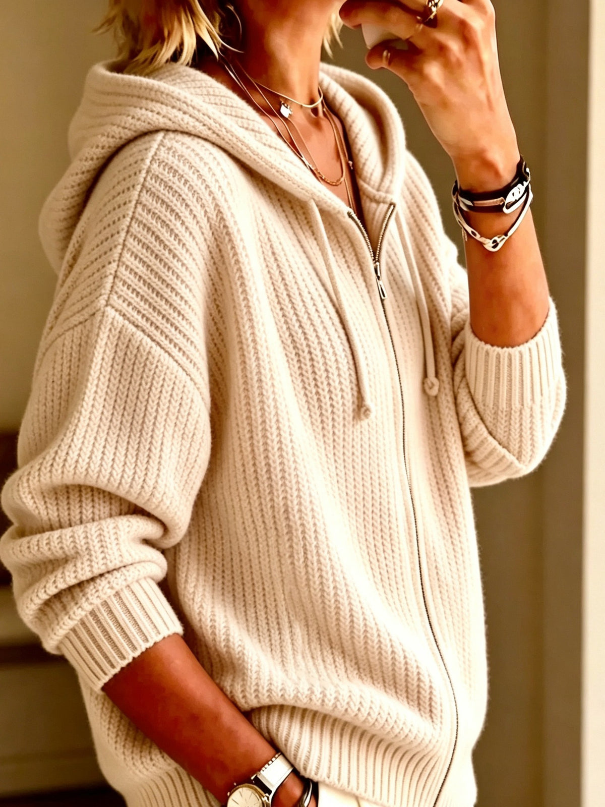 Relaxed Elegant Solid-color Soft and Casual Zip-up Hooded Knit Sweater