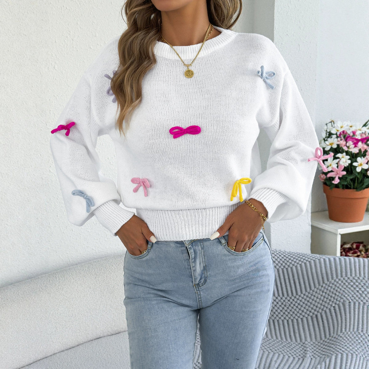 Fashionable Colorful Bow-knot Lantern-sleeve Waist-cinching Sweater
