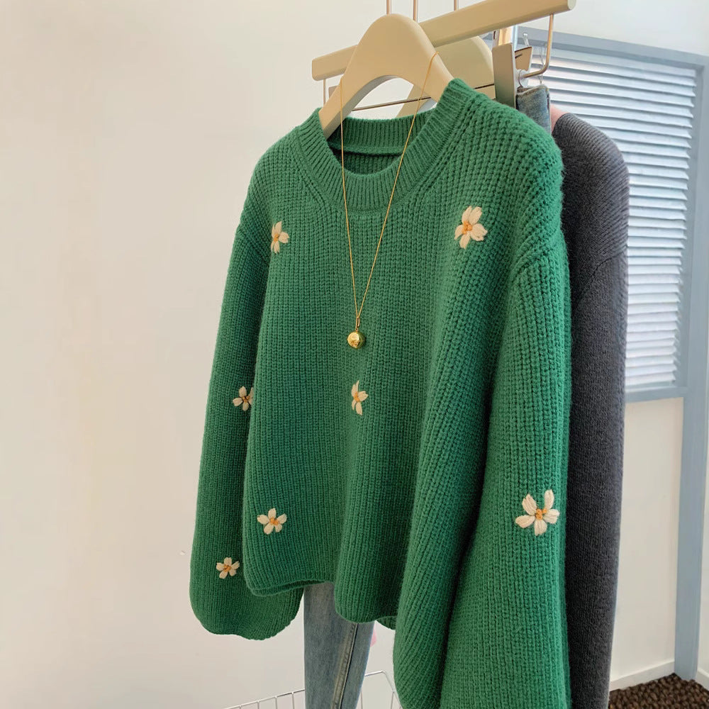 Loose and Lazy Style High-grade Korean Style Vintage Embroidered Flower Pullover Sweater