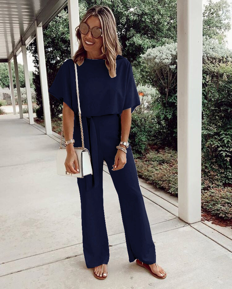 Women's Loose Casual Lace Up Jumpsuit Short Sleeve