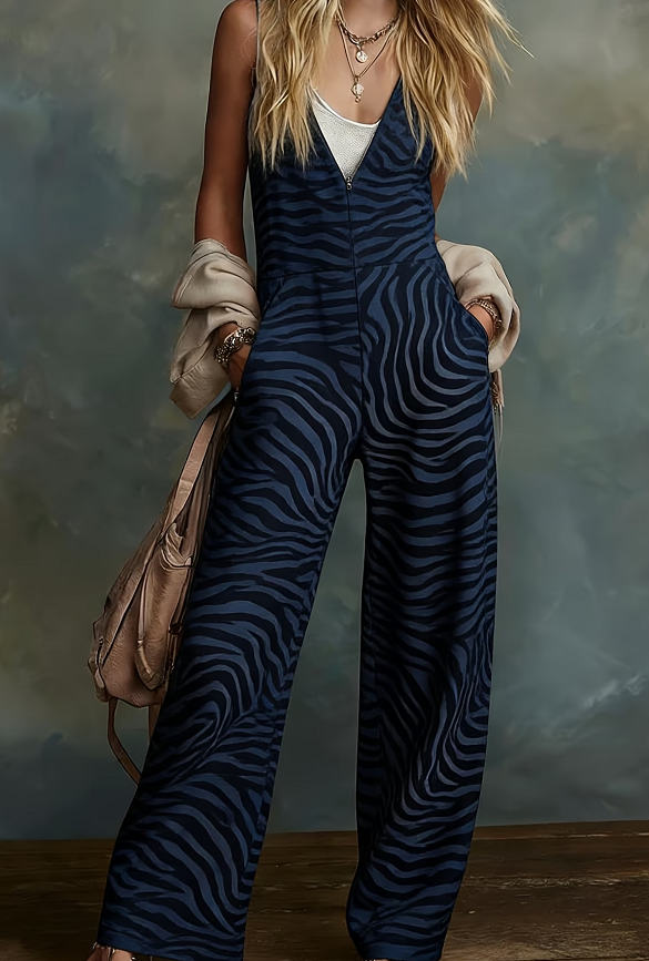 Women's American Retro Leopard Print V-Neck Zipper Wide-Leg Overalls Jumpsuit