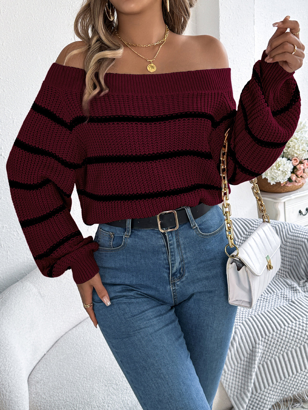 Casual Striped Off-shoulder Lantern Sleeve Pullover Sweater