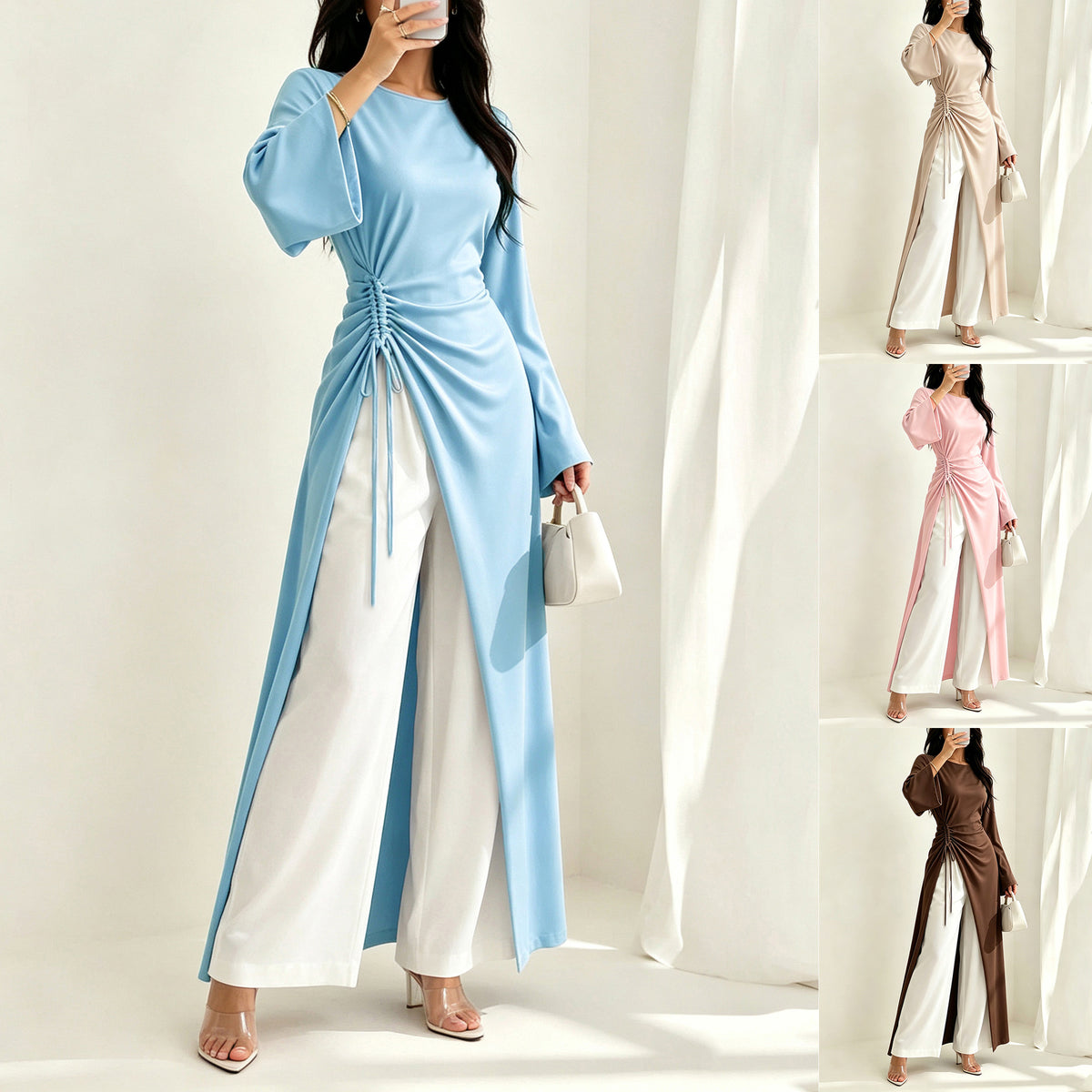 Elegant Dress with Side Drawstring Waist Flared Sleeves and a Slit…