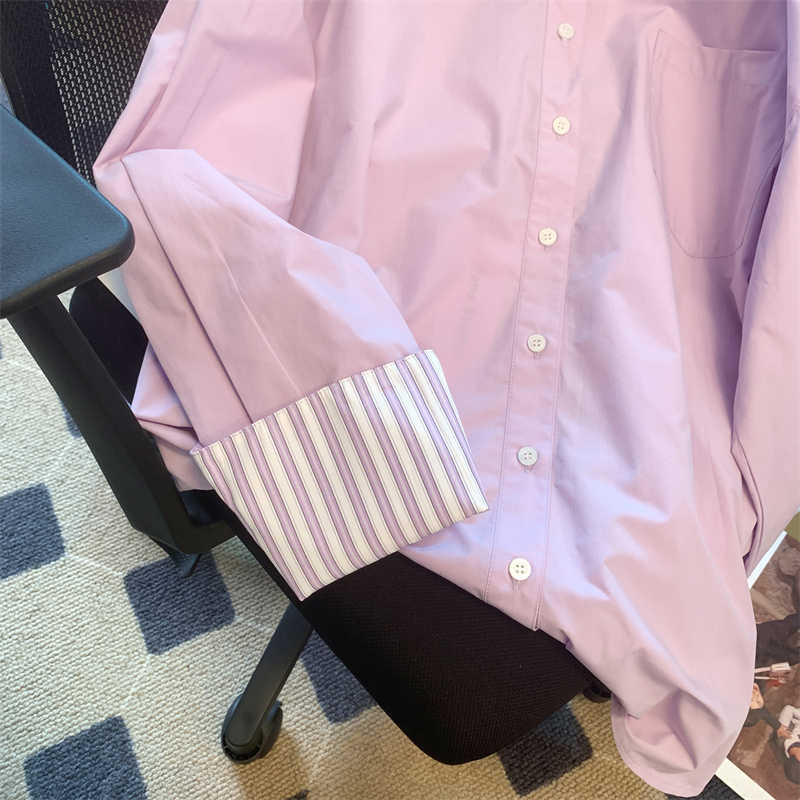 Purple Striped Polo Collar Shirt Women's Long-sleeved Top