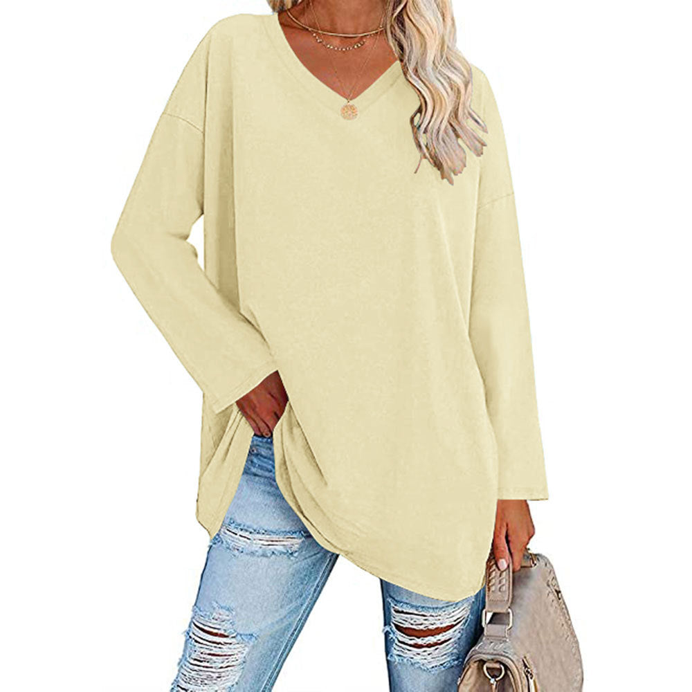 Oversized V-Neck Drop-Shoulder Casual Cotton T-Shirt