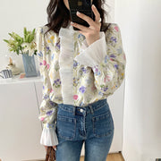 French Romantic Turtleneck Patchwork Ruffled Color Printing Design Flare Sleeve Shirt