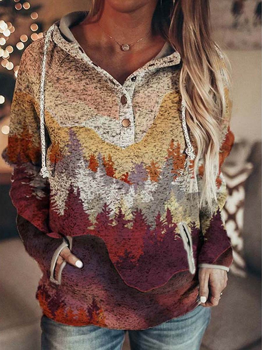 Retro Animal Nature Print Button Hoodie
