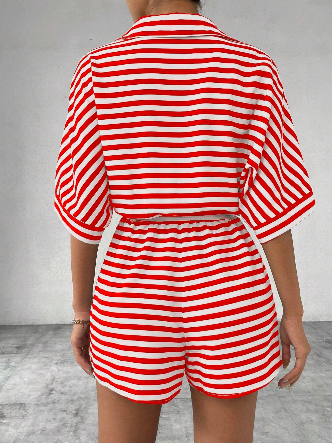 Summer Striped Lapel Belted Jumpsuit
