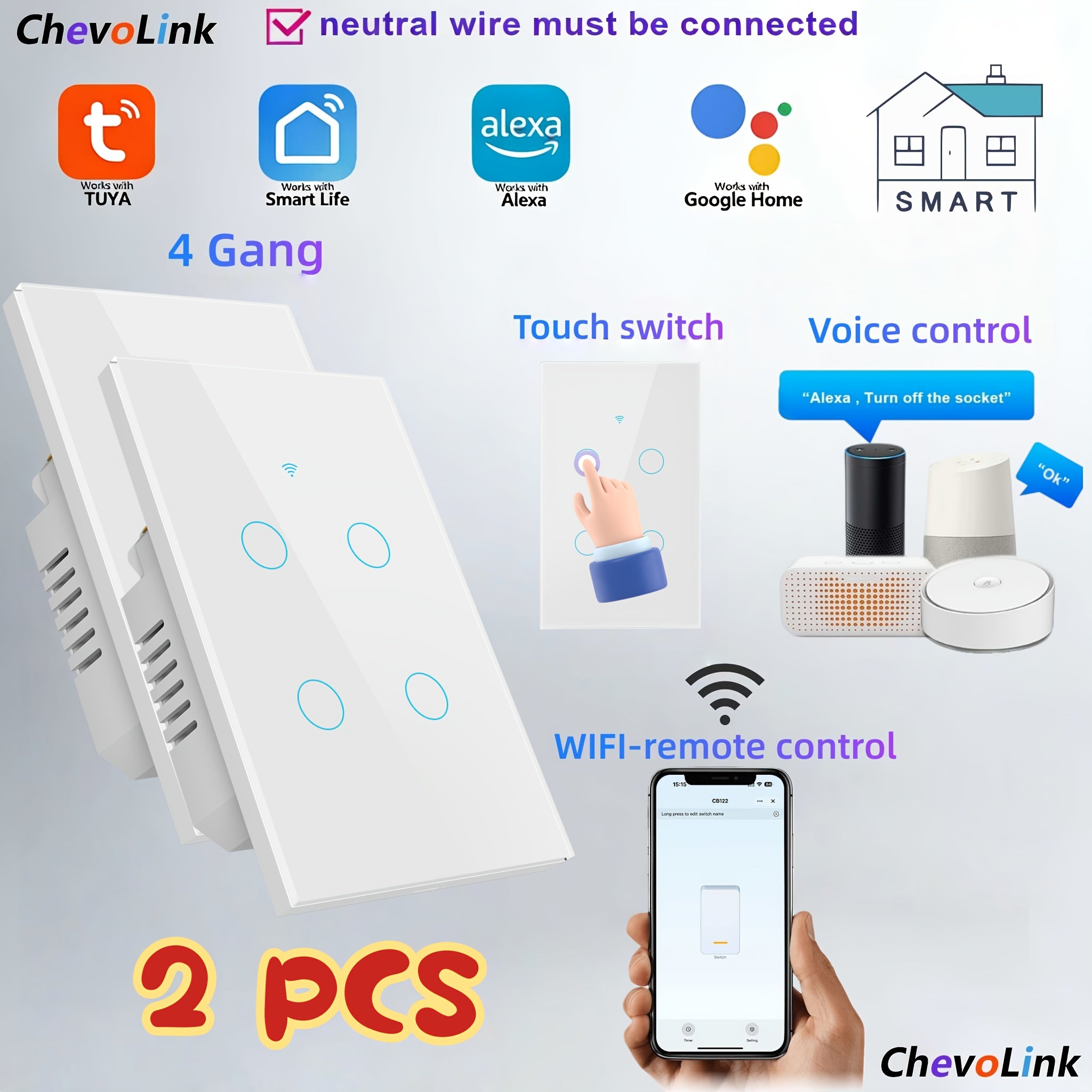 Set of Two White Smart Wi‑Fi Wall Switches with Touch Control, Voice and Timer, Neutral Wire Required