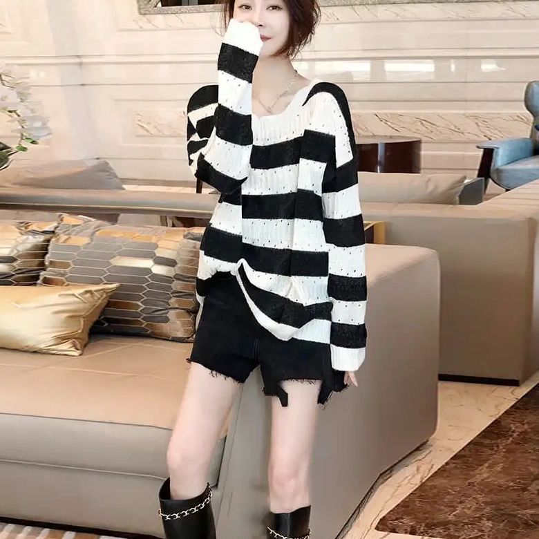 Lightweight Figure-flattering Striped Sweater for Plus-size Women This Summer