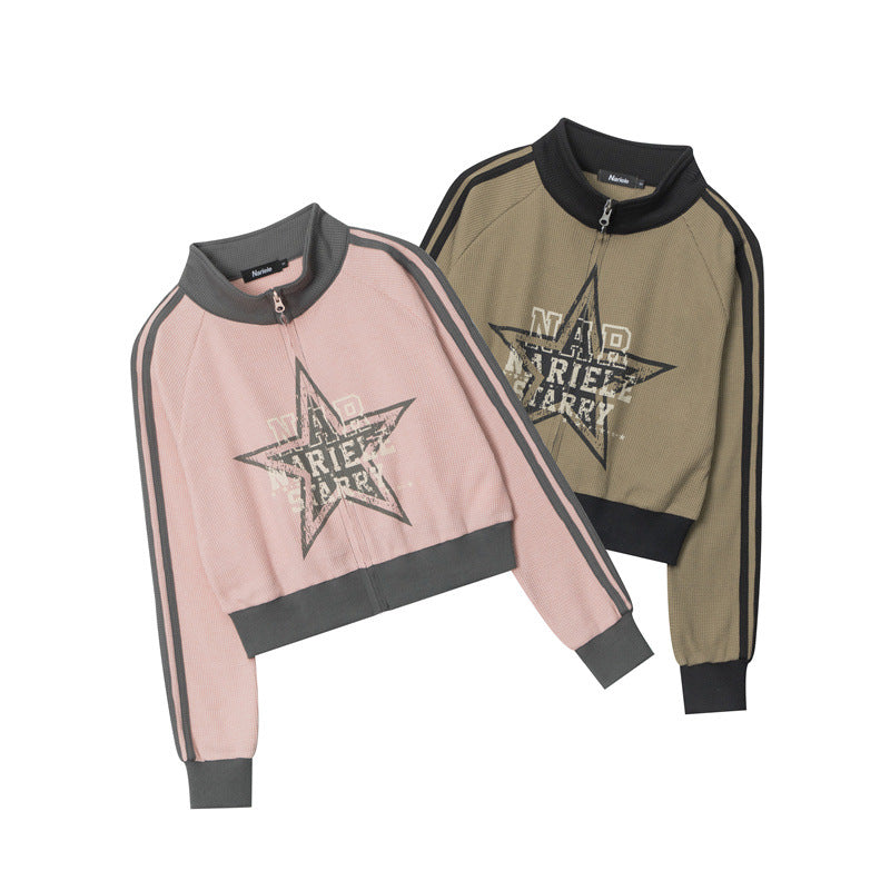 Retro Pink Star Contrast-Trim Cardigan Sweater