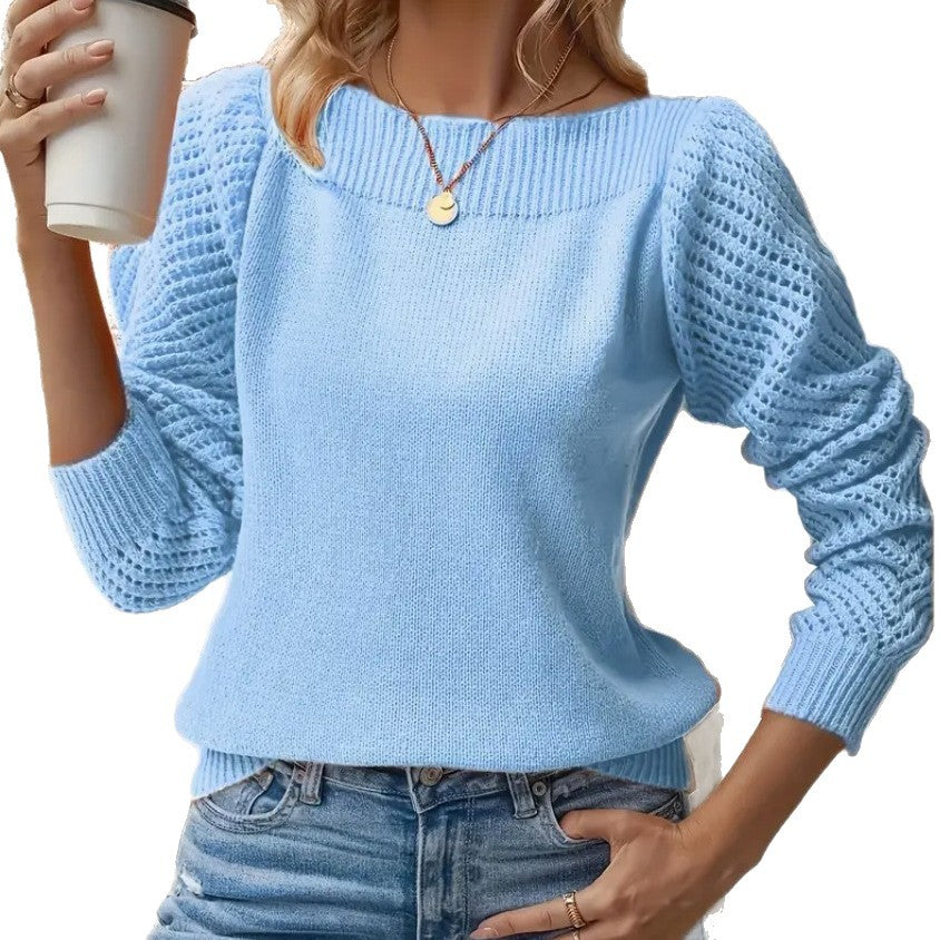 Solid-color Hollow-out Long-sleeve Off-shoulder Pullover Top