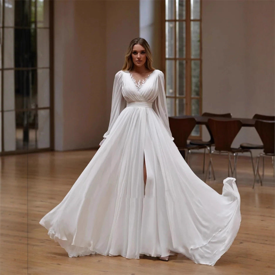 Elegant V-Neck Long-Sleeve Lightweight Wedding Dress