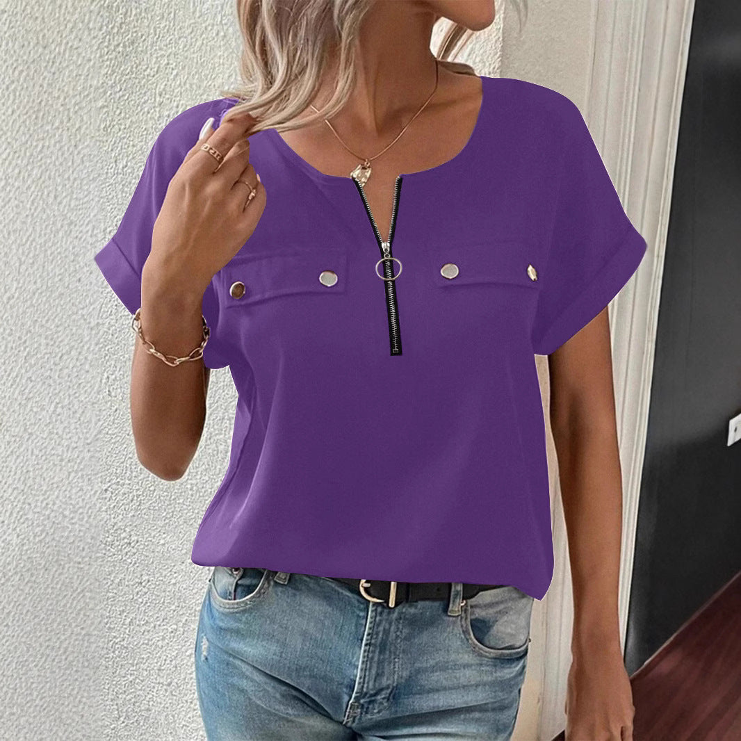 Women's Zipper-Button Casual T-Shirt – Trendy Short Sleeve Top