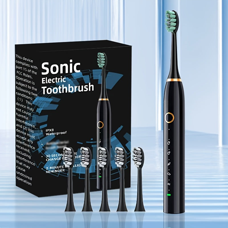 IPX8 Sonic Electric Toothbrush with USB Charging, 5 Replacement Heads and Smart Timer