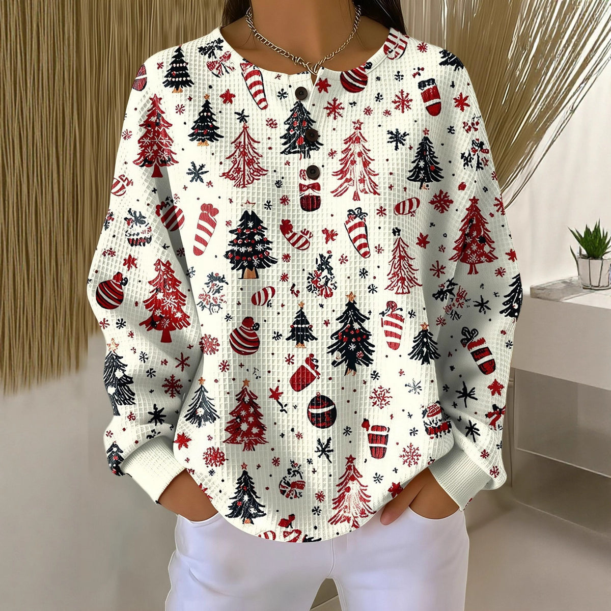 Retro 3d Digital-print Three-button Stand-up Collar Sweater