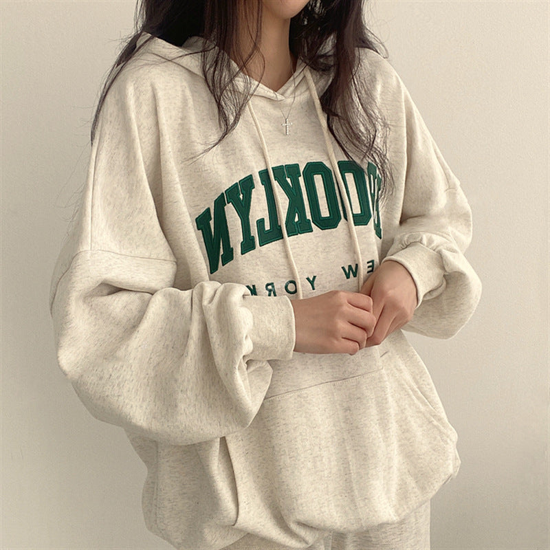 American Style Letter Print Fleece Pullover Hoodie