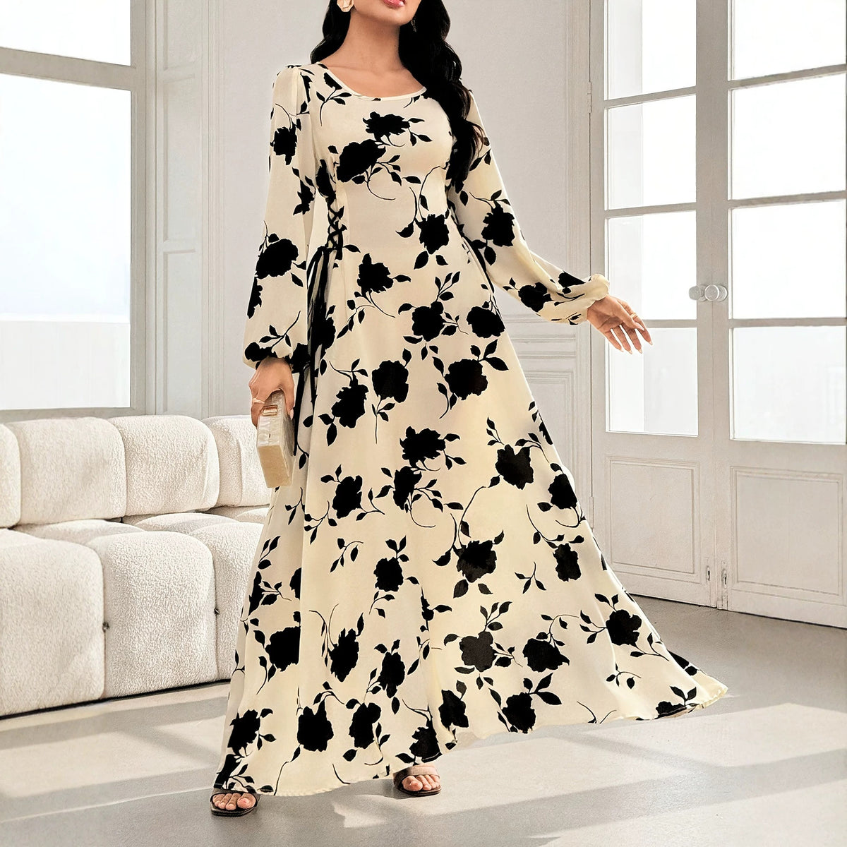 Elegant Round-neck Printed Midi Dress with Tie-up Detailing