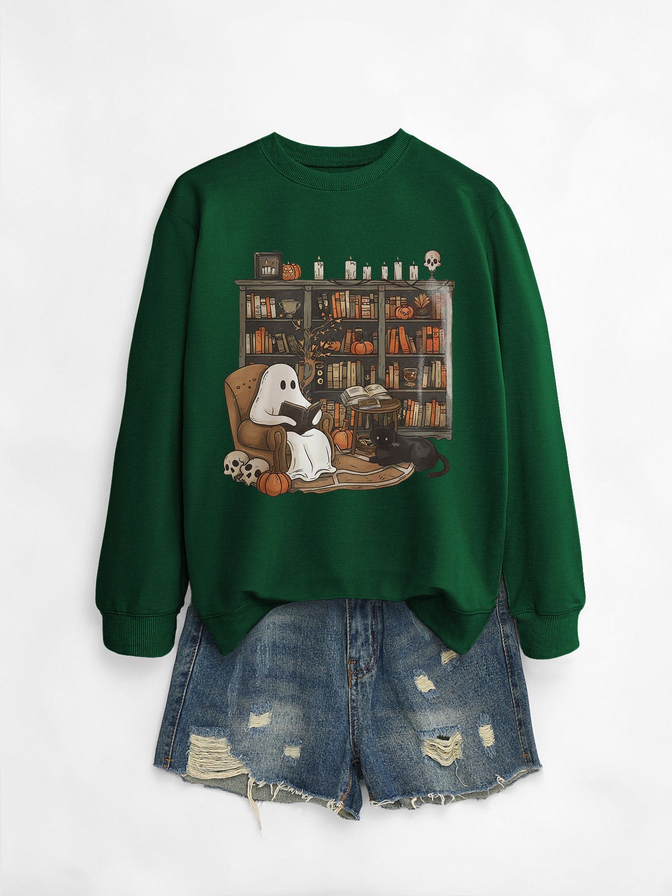 Cozy Black Cat Bookshelf Halloween Sweatshirt