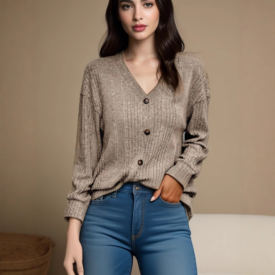 Women's Knitted Button Sweater Casual Long Sleeve Loose Top