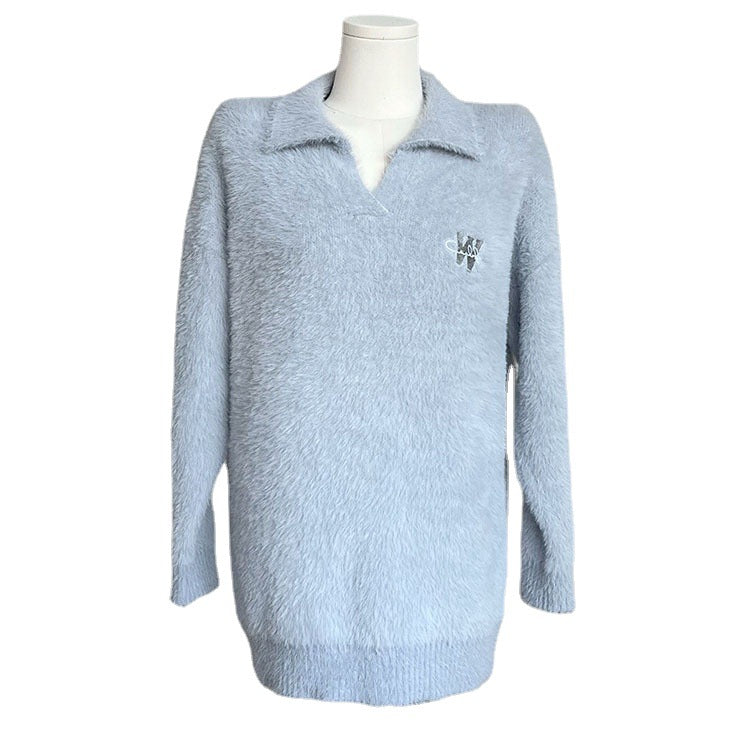Cozy Imitation Mink Velvet Polo Collar Knit Sweater