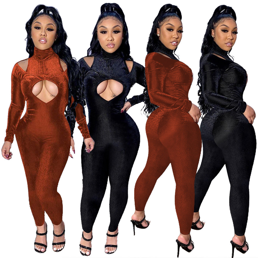 Stylish Casual Mid-neck Velvet Jumpsuit