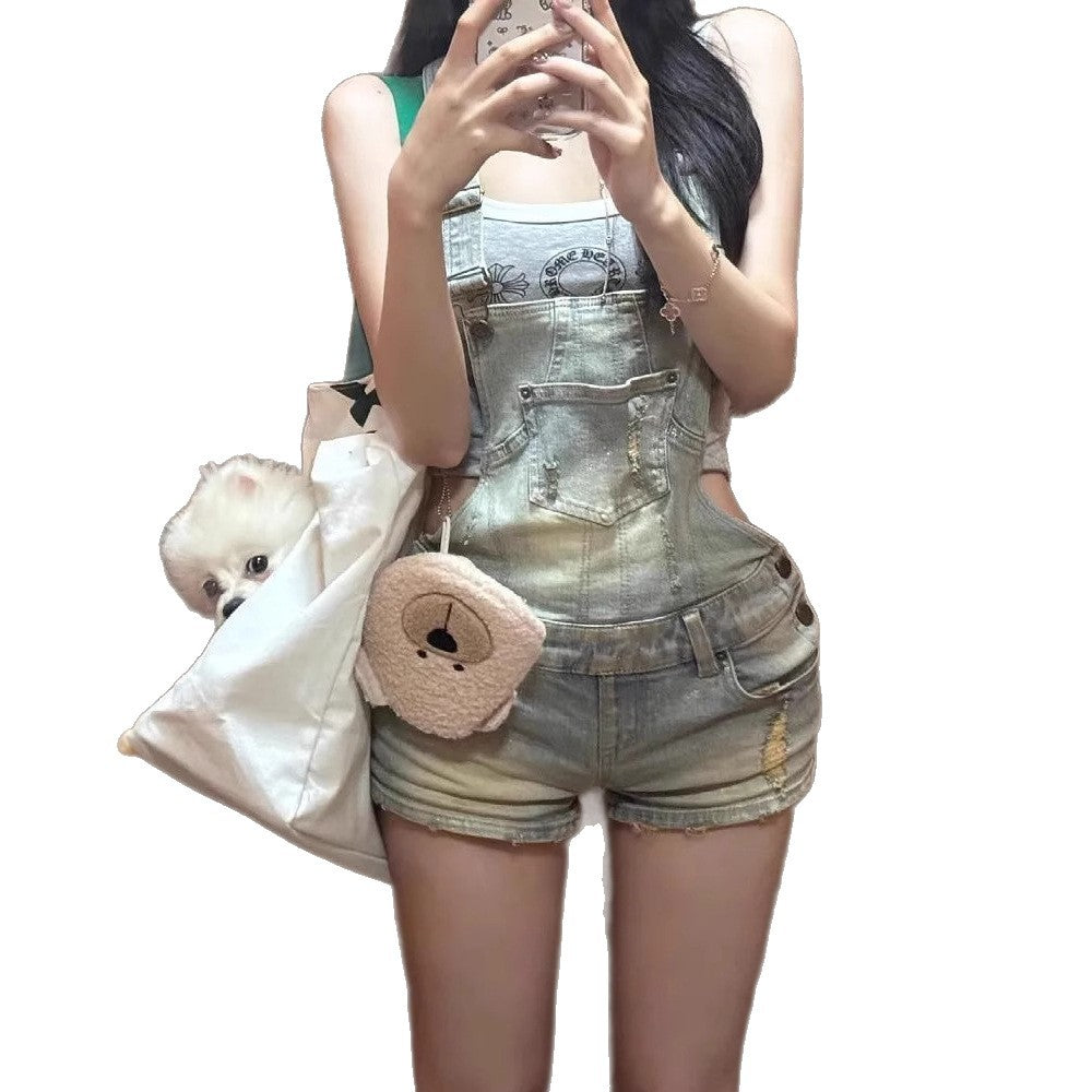 Retro Distressed Washed Ripped Denim Suspender Shorts For Women