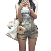 Retro Distressed Washed Ripped Denim Suspender Shorts For Women